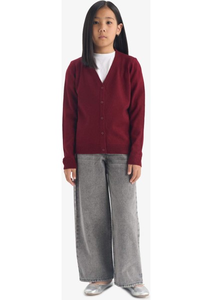 Kız Çocuk V Yaka Düğmeli Okul Triko Hırkası