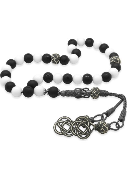 1000 Ayar Gümüş Kazaz Püsküllü Küre Kesim Siyah Beyaz Jade Oniks Doğaltaş Taraftar Tesbih