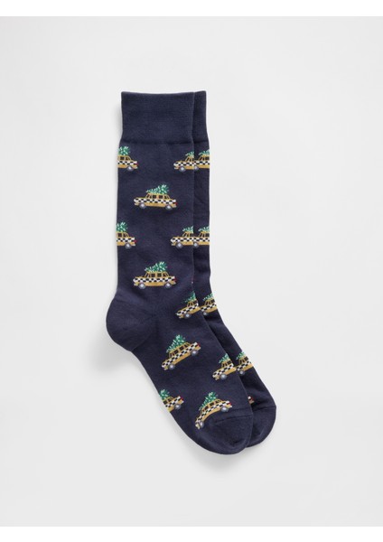 Erkek Lacivert Grafik Baskılı Çorap