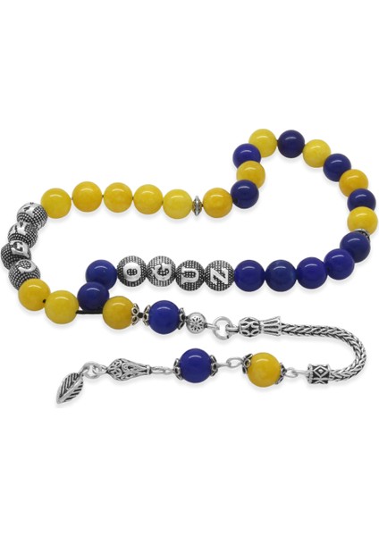 925 Ayar Gümüş Püsküllü Küre Kesim Isme Özel Yazılı Sarı Lacivert Jade Doğaltaş Taraftar Tesbih