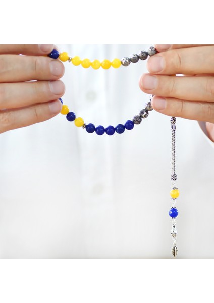 925 Ayar Gümüş Püsküllü Küre Kesim Isme Özel Yazılı Sarı Lacivert Jade Doğaltaş Taraftar Tesbih modelleri