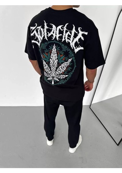 Unisex Bisiklet Yaka Baskılı Oversize T-Shirt - Siyah fiyatları