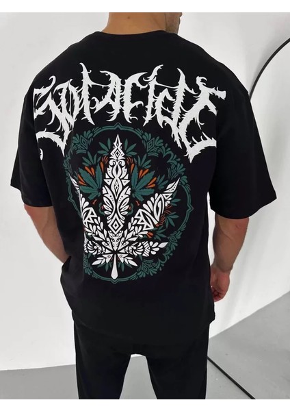 Unisex Bisiklet Yaka Baskılı Oversize T-Shirt - Siyah modelleri