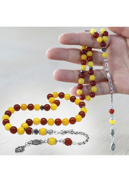 Kararmaz Metal Arnavut Zincir Püsküllü Küre Kesim Sarı Kırmızı Jade Akik Doğaltaş Taraftar Tesbih M1 fiyatları