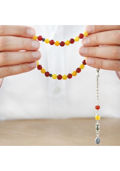 Kararmaz Metal Arnavut Zincir Püsküllü Küre Kesim Sarı Kırmızı Jade Akik Doğaltaş Taraftar Tesbih M1 modelleri