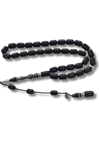 925 Ayar Gümüş Nakkaş Imameli Sistemli Oltu Taşı Tesbih Beyaz Katalin Dolgulu Uçlu Kapsül Kesim