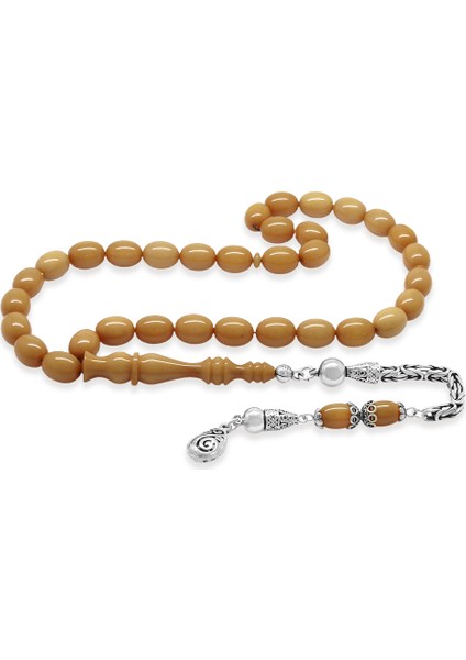 925 Ayar Gümüş Kral Zincir Püsküllü Arpa Kesim Krem Rengi Sıkma Kehribar Tesbih