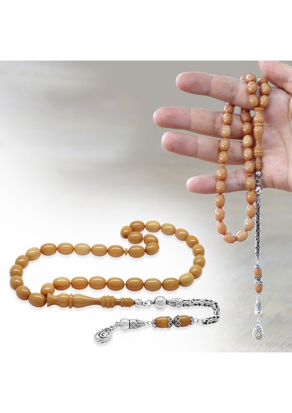 925 Ayar Gümüş Kral Zincir Püsküllü Arpa Kesim Krem Rengi Sıkma Kehribar Tesbih fiyatları