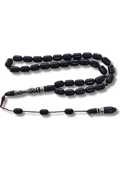 925 Ayar Gümüş Nakkaş Imameli Sistemli Oltu Taşı Tesbih Yılan Ağacı Dolgulu Uçlu Kapsül Kesim