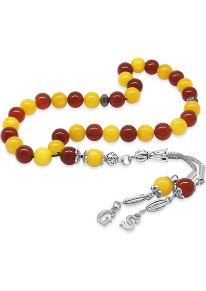 Kararmaz Metal Isme Özel Harf Püsküllü Küre Kesim Sarı Kırmızı Jade Akik Doğaltaş Taraftar Tesbih