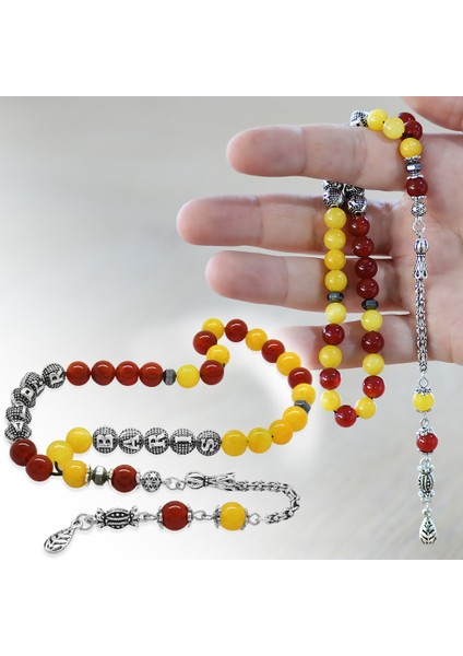 Kararmaz Metal Arnavut Püsküllü Küre Kesim Isme Özel Sarı Kırmızı Jade Akik Doğaltaş Taraftar Tesbih fiyatları