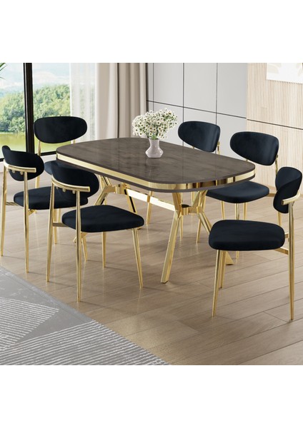 Olya Serisi 90X168 Lak Panel Antrasit Ironi Masa Takımı Gold Ayaklı 6 Antrasit Sandalye