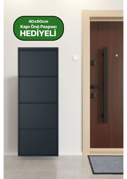 Dört Katlı Duvara Sabitlenebilir Metal Ayakkabılık 40X60 cm Kapı Paspası Hediyeli