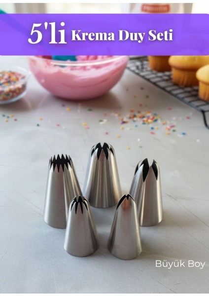 Büyük Boy Krema Duy Seti 5\'li Paslanmaz Pasta Cupcake Kurabiye Duyu Çelik Süsleme Başlıkları Set-4