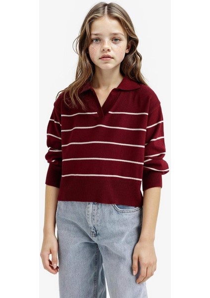 Kız Çocuk Standart Fit Polo Yaka Çizgili Triko Kazak