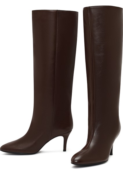 Kadın Kahverengi Ince Topuklu Deri Çizme 25WFD141618 modelleri