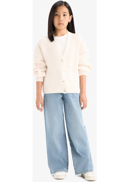 Kız Çocuk V Yaka Düğmeli Triko Hırka