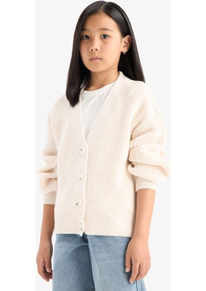 Kız Çocuk V Yaka Düğmeli Triko Hırka