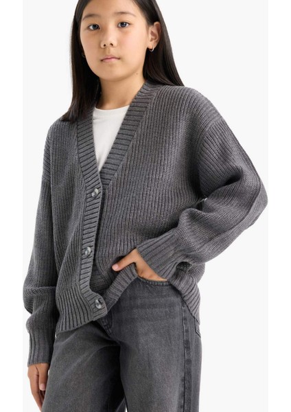 Kız Çocuk V Yaka Düğmeli Triko Hırka