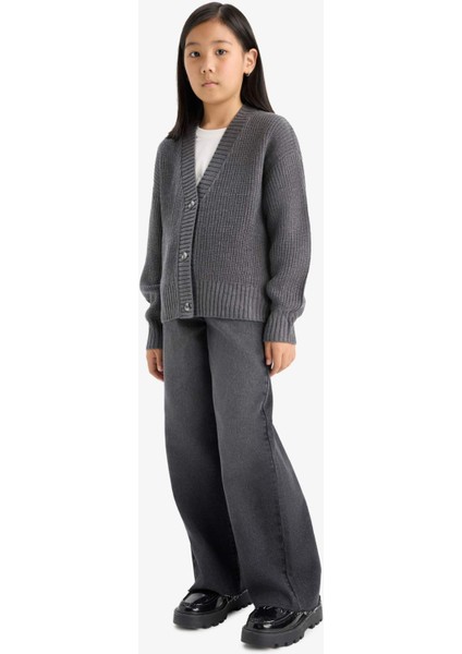 Kız Çocuk V Yaka Düğmeli Triko Hırka