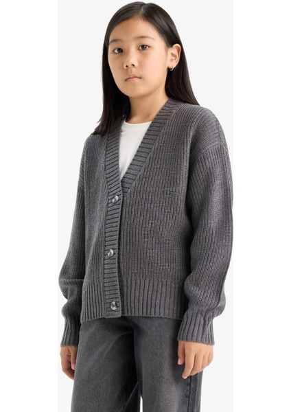 Kız Çocuk V Yaka Düğmeli Triko Hırka