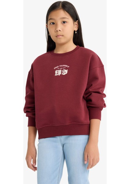 Kız Çocuk Relax Fit Bisiklet Yaka Baskılı İçi Yumuşak Tüylü Sweatshirt E6779A825WN
