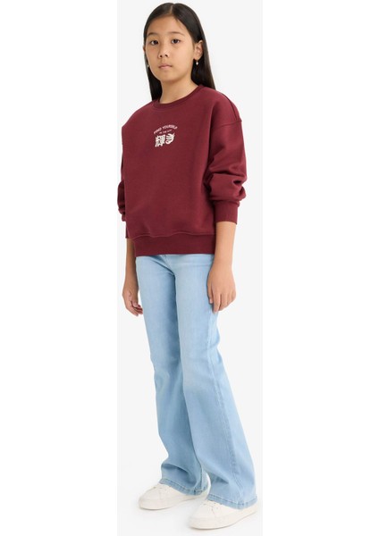 Kız Çocuk Relax Fit Bisiklet Yaka Baskılı İçi Yumuşak Tüylü Sweatshirt E6779A825WN