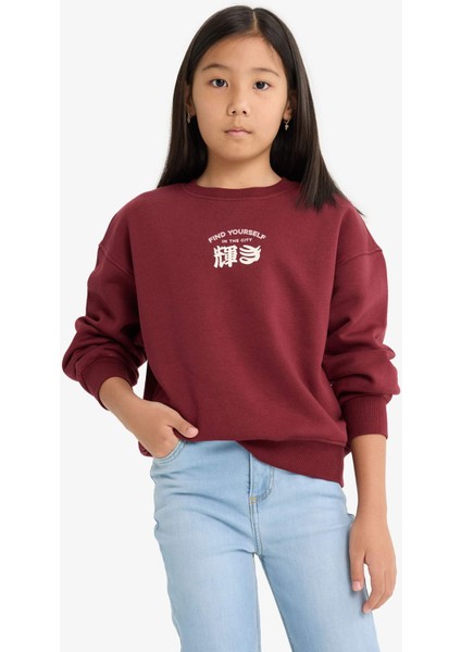 Kız Çocuk Relax Fit Bisiklet Yaka Baskılı İçi Yumuşak Tüylü Sweatshirt E6779A825WN