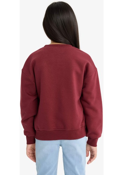 Kız Çocuk Relax Fit Bisiklet Yaka Baskılı İçi Yumuşak Tüylü Sweatshirt E6779A825WN