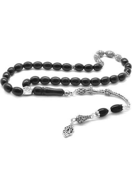 925 Ayar Gümüş Püsküllü Arpa Kesim Isim Yazılı Rus Oltu Tesbih