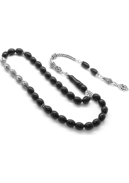 925 Ayar Gümüş Püsküllü Arpa Kesim Isim Yazılı Rus Oltu Tesbih fiyatları