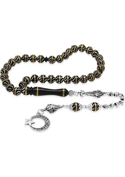 Kuka Tesbih - Siyah - Kararmaz Metal Püsküllü - Pirinç Sarmal - Beyaz Mine Dolgulu - Istanbul Kesim