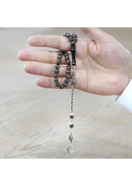 Kuka Tesbih - Siyah - Kararmaz Metal Püsküllü - Pirinç Sarmal - Beyaz Mine Dolgulu - Istanbul Kesim modelleri