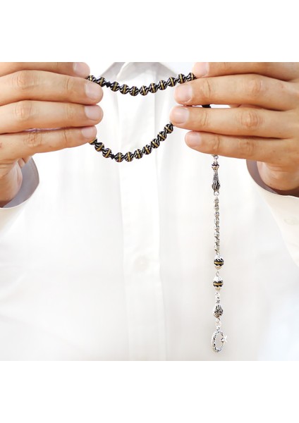 Kuka Tesbih - Siyah - Kararmaz Metal Püsküllü - Pirinç Sarmal - Beyaz Mine Dolgulu - Istanbul Kesim fırsatları