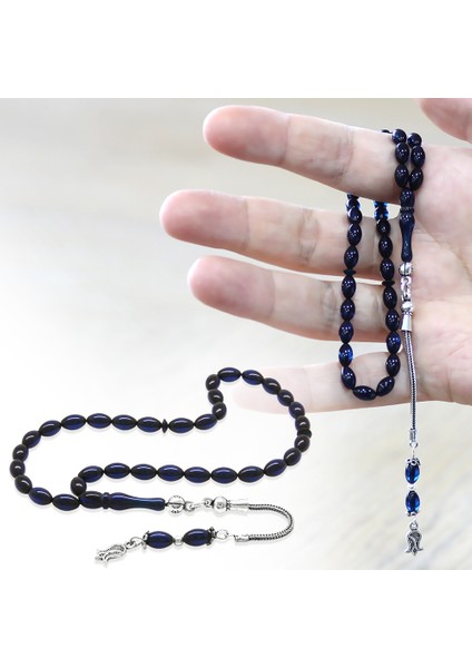 Sıkma Kehribar Tesbih - 925 Ayar Gümüş Püsküllü - Mini Boy - Lacivert Renk - Arpa Kesim fiyatları