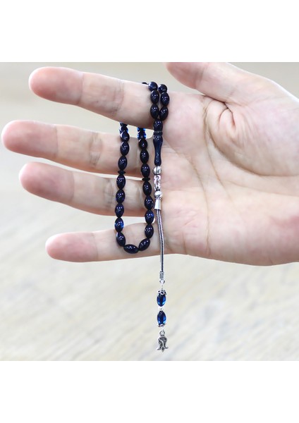 Sıkma Kehribar Tesbih - 925 Ayar Gümüş Püsküllü - Mini Boy - Lacivert Renk - Arpa Kesim fırsatları