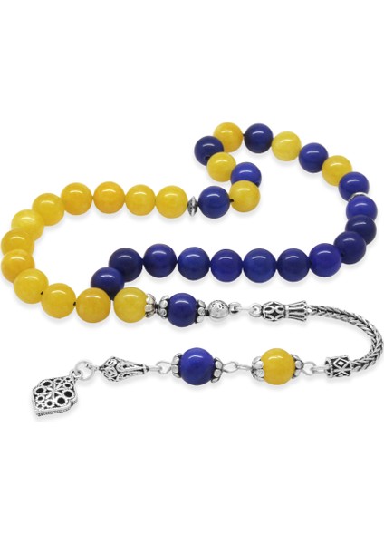 925 Ayar Gümüş Püsküllü Küre Kesim Sarı Lacivert Jade Doğaltaş Taraftar Tesbih