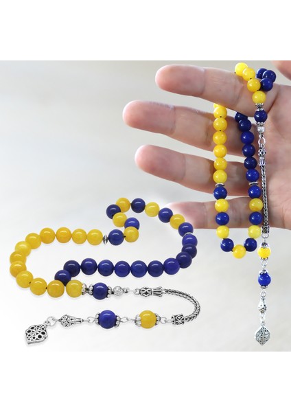 925 Ayar Gümüş Püsküllü Küre Kesim Sarı Lacivert Jade Doğaltaş Taraftar Tesbih fiyatları