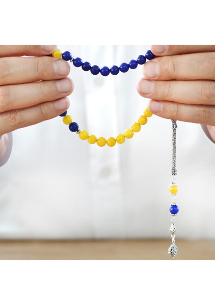 925 Ayar Gümüş Püsküllü Küre Kesim Sarı Lacivert Jade Doğaltaş Taraftar Tesbih modelleri