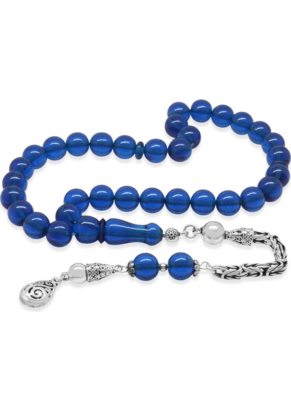 925 Ayar Gümüş Kral Zincir Püsküllü Küre Kesim Lacivert Sıkma Kehribar Tesbih