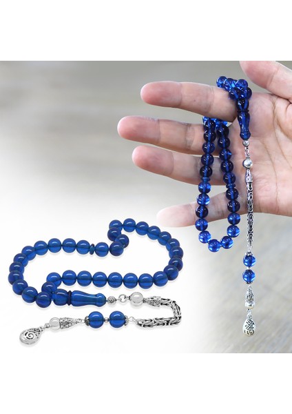925 Ayar Gümüş Kral Zincir Püsküllü Küre Kesim Lacivert Sıkma Kehribar Tesbih fiyatları