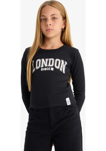 Kız Çocuk Slim Fit Dar Kesim Bisiklet Yaka Baskılı Fitilli Kaşkorse Uzun Kollu Tişört C7465A825AU