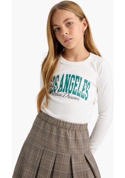 Kız Çocuk Slim Fit Dar Kesim Bisiklet Yaka Baskılı Fitilli Kaşkorse Uzun Kollu Tişört C7465A825AU