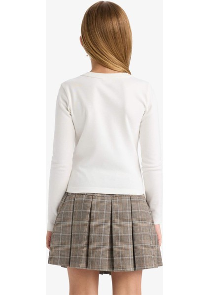 Kız Çocuk Slim Fit Dar Kesim Bisiklet Yaka Baskılı Fitilli Kaşkorse Uzun Kollu Tişört C7465A825AU