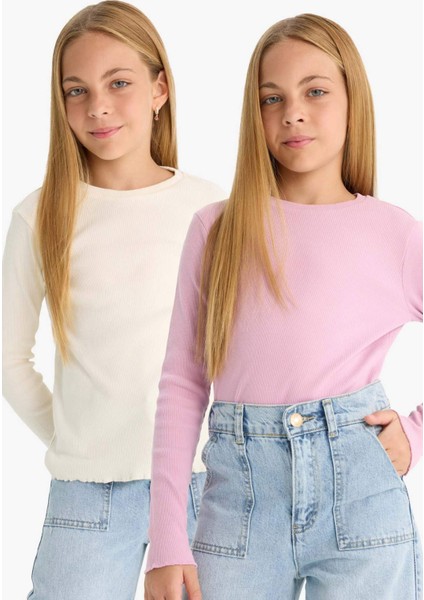 Kız Çocuk Okula Dönüş Slim Fit Dar Kesim Bisiklet Yaka Fitilli Kaşkorse 2'li Uzun Kollu Tişört