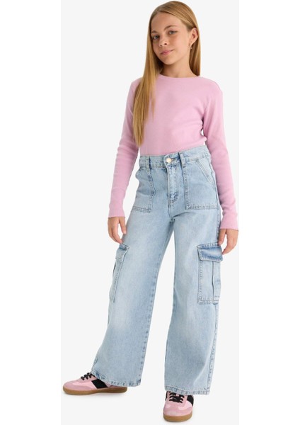 Kız Çocuk Okula Dönüş Slim Fit Dar Kesim Bisiklet Yaka Fitilli Kaşkorse 2'li Uzun Kollu Tişört