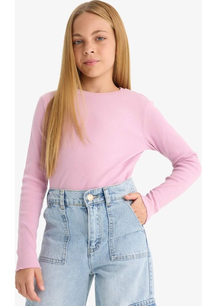 Kız Çocuk Okula Dönüş Slim Fit Dar Kesim Bisiklet Yaka Fitilli Kaşkorse 2'li Uzun Kollu Tişört