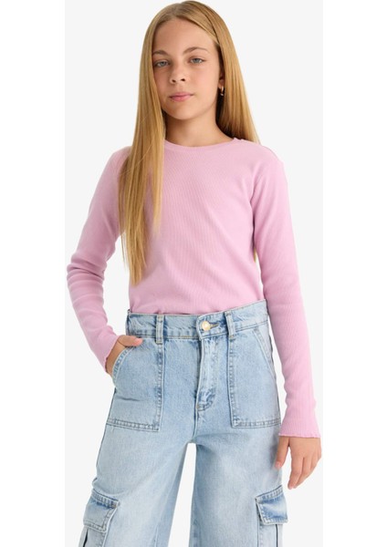 Kız Çocuk Okula Dönüş Slim Fit Dar Kesim Bisiklet Yaka Fitilli Kaşkorse 2'li Uzun Kollu Tişört