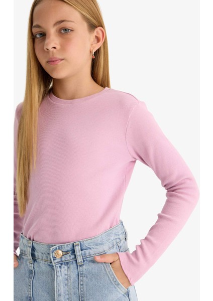 Kız Çocuk Okula Dönüş Slim Fit Dar Kesim Bisiklet Yaka Fitilli Kaşkorse 2'li Uzun Kollu Tişört