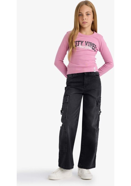 Kız Çocuk Slim Fit Dar Kesim Bisiklet Yaka Baskılı Fitilli Kaşkorse Uzun Kollu Tişört C7465A825AU